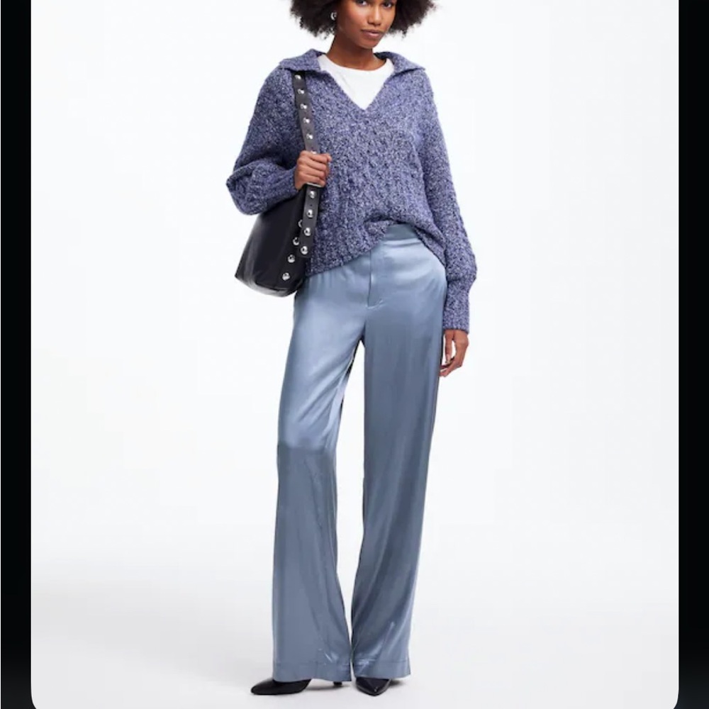 Madewell Pull On Straight Pants‎ Elegant Blue Satin Women's Pants Work Casual